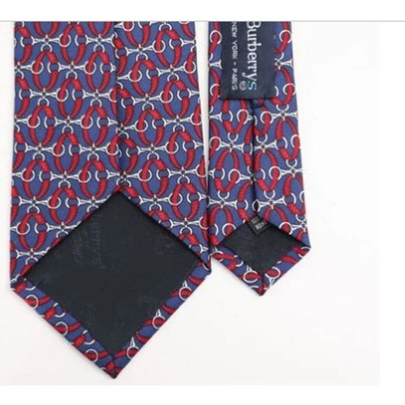 Vintage Burberry’s Silk Tie Navy Red Ring-Link Silk Necktie Luxury Accessory - Picture 5 of 9